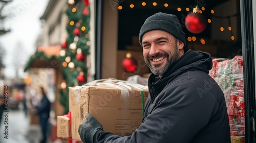 Giving_Tuesday_Day, Friendly Male Delivery Driver With Holiday Packages