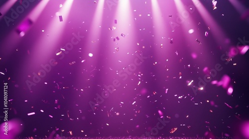 elegant award stage illumination, converging spotlight beams, deep purple to pink gradient, falling golden confetti, atmospheric dust particles, premium lighting effects