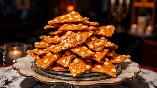 Luxurious peanut brittle display on elegant platter with upscale ambiance and mood lighting