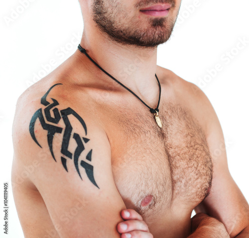 Man with tattoo showing domination body language