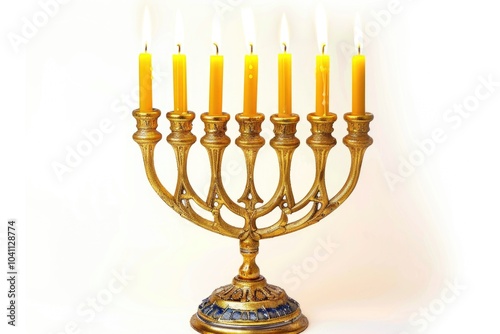 A beautiful golden menorah with five lit candles, perfect for Hanukkah celebrations or Jewish-inspired images