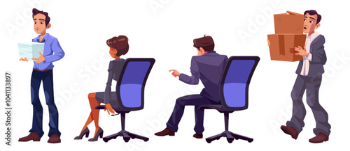 Office workers characters in different tasks. Cartoon vector set of male person holding paper stack and carrying two boxes, man and woman sitting in chair with back. Various activities in business.