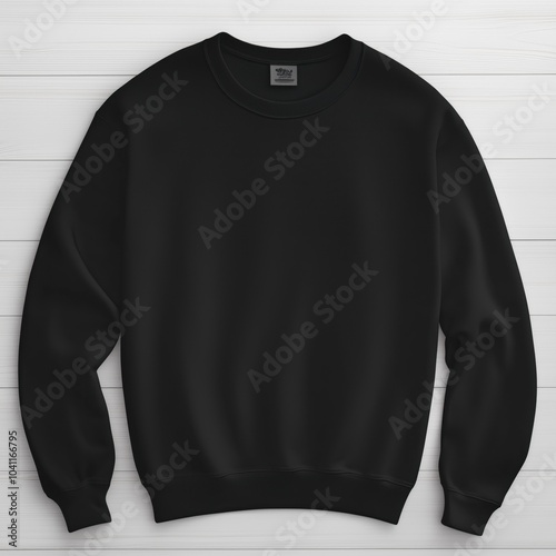 Front view of black sweater mockup. Flat lay down long sleeve tshirt, blank template. Crewneck shirt lying on plain gray background. Unisex, gender neutral digital tee, front side. Unfolded sweatshirt