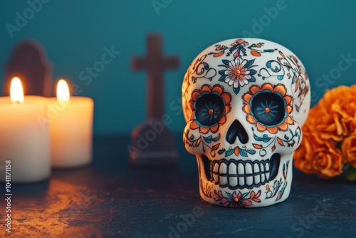 A colorful sugar skull sits among candles and flowers symbolizing the Day of the Dead celebrating life and honoring deceased loved ones