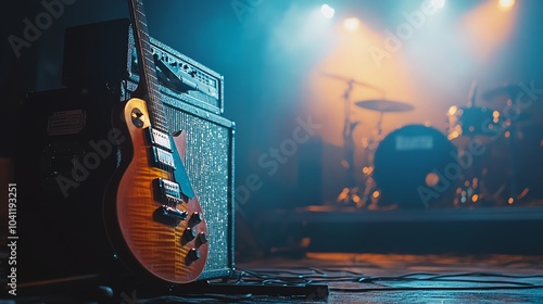 An electric guitar and amplifier on a stage.