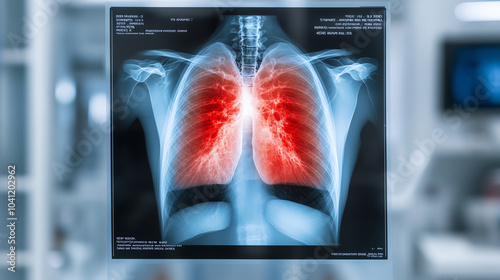 X-ray image displaying human lungs with highlighted areas indicating inflammation or infection, set against a clinical background.