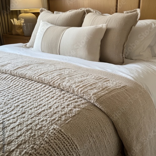 Neutral textured bedspread on bed