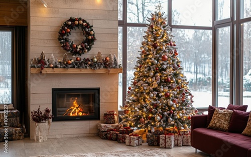 cozy room fireplace christmass tree with decorations toys and lights professional photo