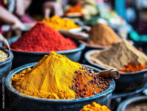 Piles of colorful spices are artfully displayed in a bustling market, showcasing a variety of vibrant reds, yellows, and browns, inviting senses with aroma and color.