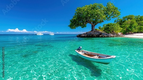 A photostock of a tropical island surrounded by turquoise waters, with distant boats visible. Nikon camera, 24-70mm lens, f/5.6 aperture, 1/320 shutter speed, focused on the island's shore