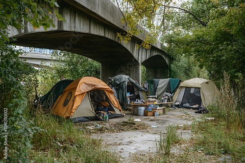 Homeless encampment under a bridge