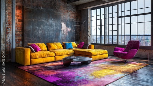 Modern living room is decorated with colorful patchwork sofas, eclectic decor, and bright windows