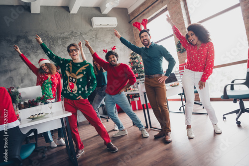 Full length photo of six office workers dance rejoice festive corporate party business center indoors