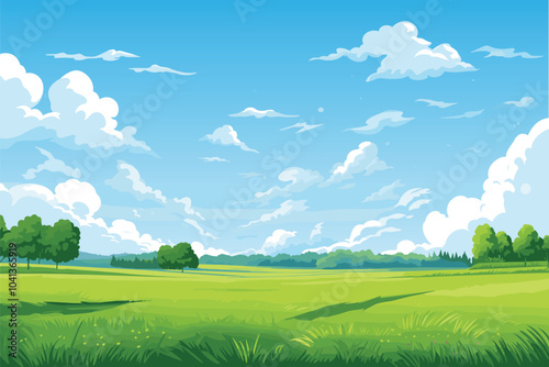 Summer spring landscape with blue sky above green meadows and pastures. Poster, background, wallpaper, invitation template. Vector illustration.