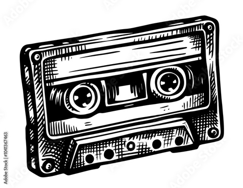 sleek and simple line art sketch of a cassette tape, highlighting timeless nostalgia in a vintage style black vector