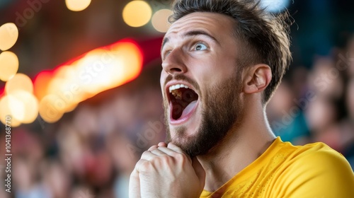 Fanatic Exuberance: A passionate fan's face is illuminated by stadium lights, his mouth agape in a roar of exhilaration.