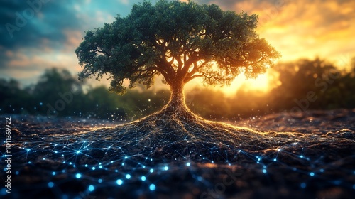 Branching tree roots in a digital network representing organic business growth expansion into new markets and the spread of a strong company presence