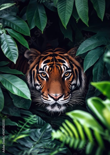 Un tigre dans la jungle, caché derrière des feuilles, à l'affût, observant sa proie.