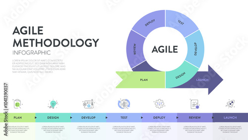 Agile lifecycle methodology infographic is a processes to create and respond to change. Life cycle of product development and Agile Methodology. Process diagram template. Workflow Vector illustration.