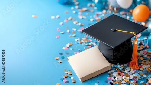 Graduation cap with vibrant confetti on empty background Concept of academic achievement success and joyful commencement ceremony