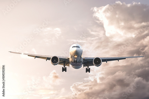 Modern passenger airplane flying in cloudy sky at sunset