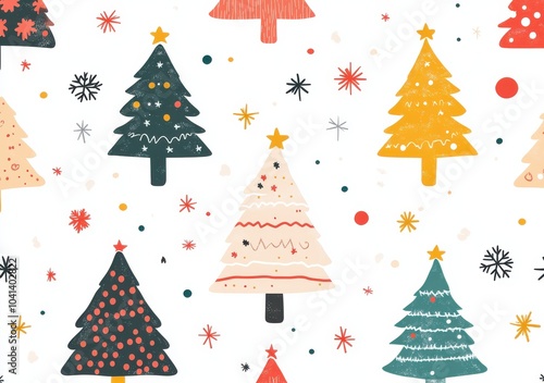 Festive Christmas tree pattern featuring colorful illustrations of various trees decorated with stars and ornaments, set in a whimsical winter theme perfect for holiday greeting cards, wrapping paper