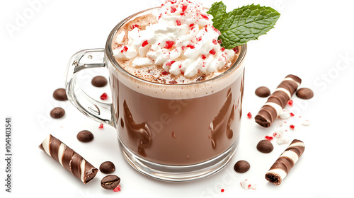 A delicious chilled peppermint mocha topped with whipped cream and chocolate shavings, garnished with fresh mint leaves