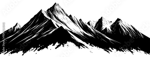 Hand-drawn Black and White Woodcut Illustration of a Mountain Landscape