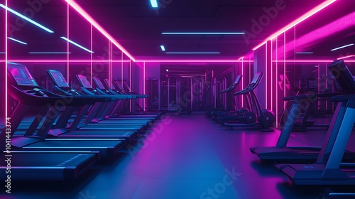 A row of treadmills in a gym illuminated with neon lights. The treadmills are empty and the room is dark with neon pink and blue lighting.