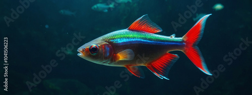 neon tetra fish, panorama, underwater banner with copy space