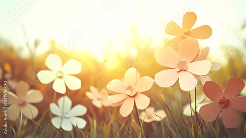 A Peaceful Meadow Decorated with Handmade Paper Flowers Illuminated by the Late Afternoon Sun