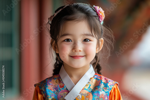 Hispanic little girl in traditional hanbok costume at korean village palace