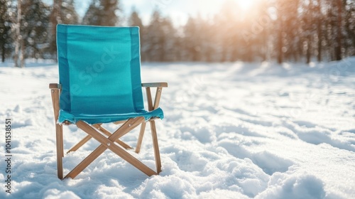 A rustic wooden camping chair stands remarkably on a sunlit snowy field, embraced by a backdrop of evergreen trees under a bright clear sky in winter.