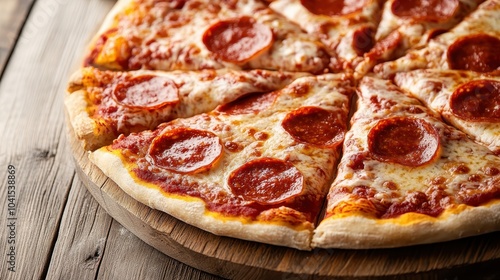 Enticing pepperoni pizza with perfectly distributed pepperoni on a layer of melted cheese and a beautiful crispy crust, served hot on a wooden board.