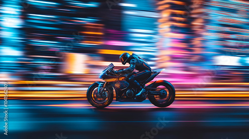 A motorcycle in motion on a city street with vibrant neon lights.