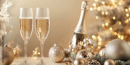 Two champagne glasses with sparkling bubbles, festive decor, and a glowing background of fireworks. Perfect for celebration, holiday, or New Year's Eve themes