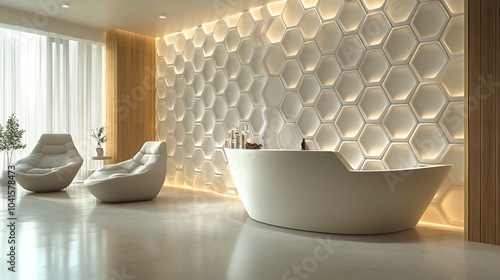 Futuristic white tech wall featuring interlocking hexagons with a matte finish creating a sleek and modern look ideal for ultramodern offices or futuristic lounges