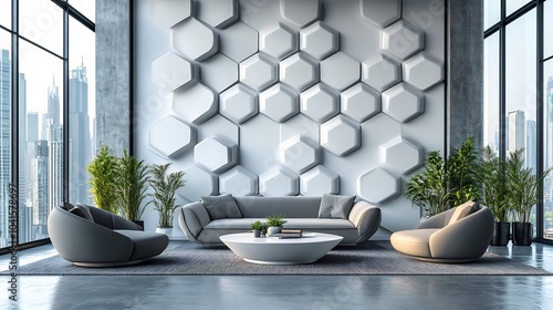 Futuristic white tech wall featuring interlocking hexagons with a matte finish creating a sleek and modern look ideal for ultramodern offices or futuristic lounges