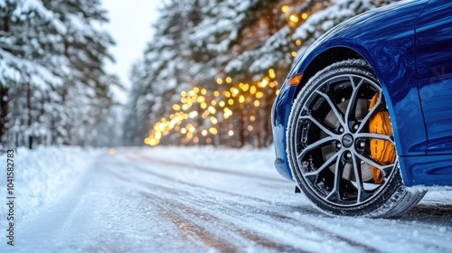 A blue car equipped with winter tires drives along a snowy road surrounded by a tranquil winter landscape, showcasing tire details