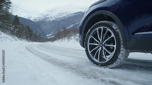 A blue car equipped with winter tires drives along a snowy road surrounded by a tranquil winter landscape, showcasing tire details