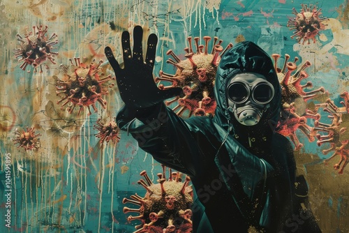 Artistic interpretation of disease eradication ,A painting depicting a man in a gas mask, raising his hands in a gesture of surrender or caution.