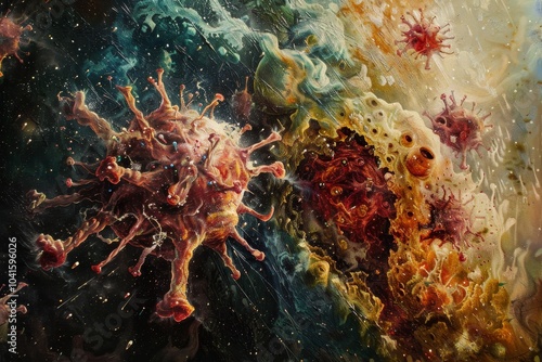 Artistic interpretation of disease eradication ,A detailed painting depicting a virus alongside various abstract objects, showcasing vibrant colors and intricate designs.