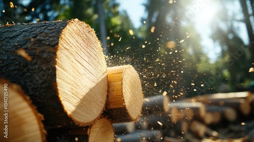 Nahaufnahme eines Sägewerks, das in einem Waldgebiet Holz für den industriellen Einsatz schneidet