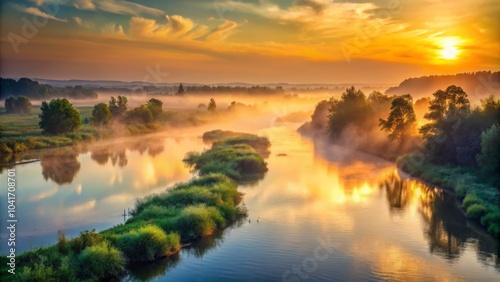 Luminous Haze Spreading Across the Expanse of a Tranquil River in Soft Morning Light