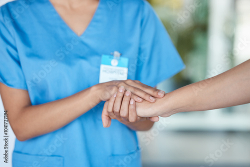 Hospital, holding hands and nurse with patient for comfort, empathy and support for diagnosis or results. Healthcare, clinic and health worker with person for medical wellness, service and help