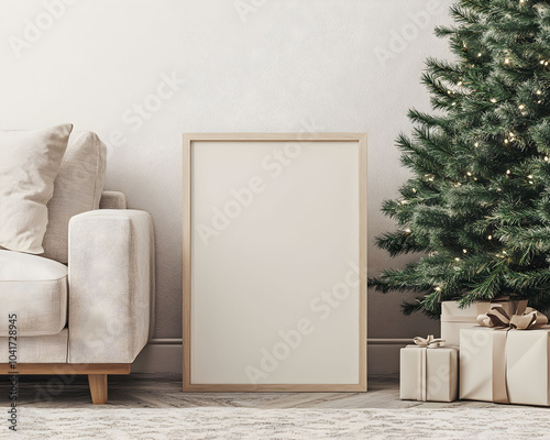 A blank frame for wall art mockup beside a cozy sofa and a beautifully decorated Christmas tree with gifts under it in a boho living room setting