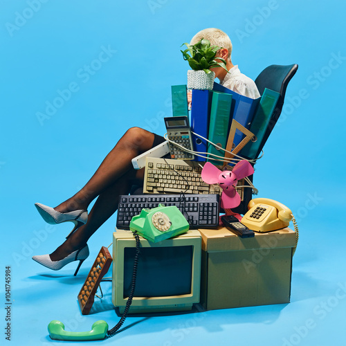 Businesswoman overwhelmed by vintage office equipment and supplies, seated with clutter of keyboards, phones, and files around her. Retro office chaos theme. Concept of business, office lifestyle