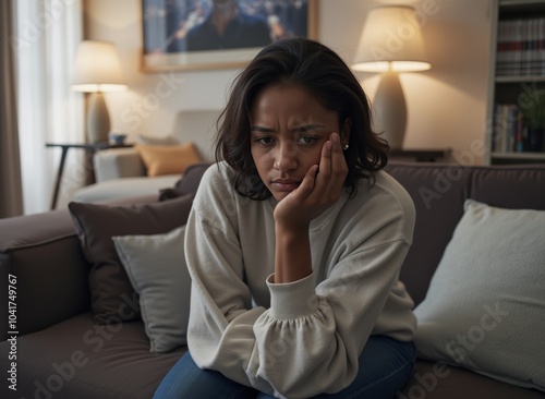 heartbreak and sad with face of woman on sofa in living room of home for contemplation