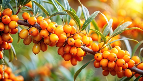 Branch of ripe sea buckthorn berries in a garden