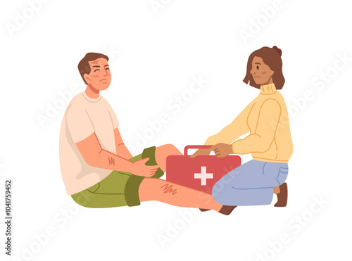 Patient leg injury, trauma of knee and woman doctor with medical kit. First aid medical procedure, flat cartoon people, ambulance and emergency, rescue training scene